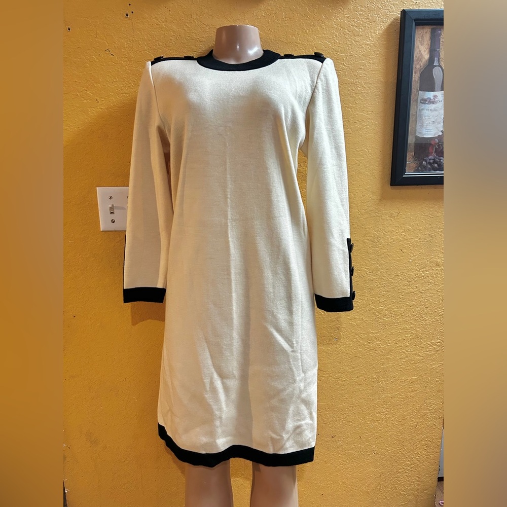 Yves Saint Laurent Cream 3/4 Sleeve Crew Neck Dress